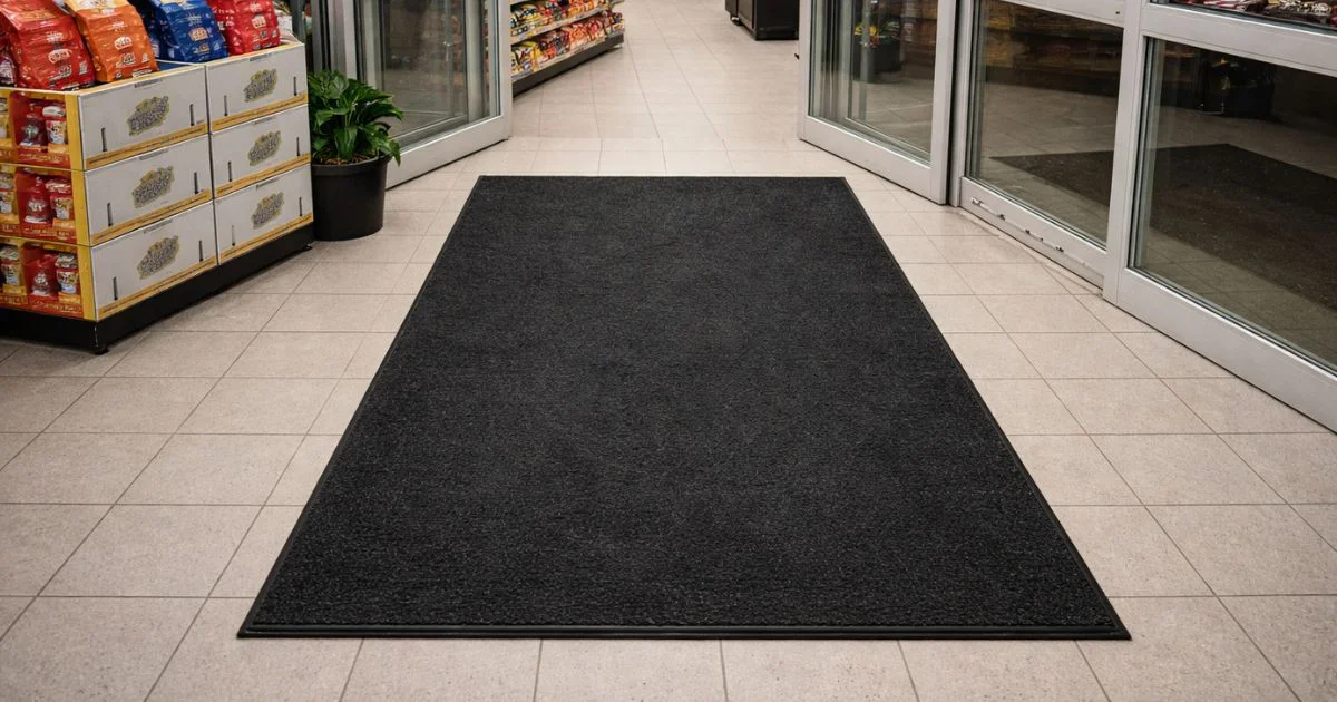 Large black entrance mat in retail store doorway